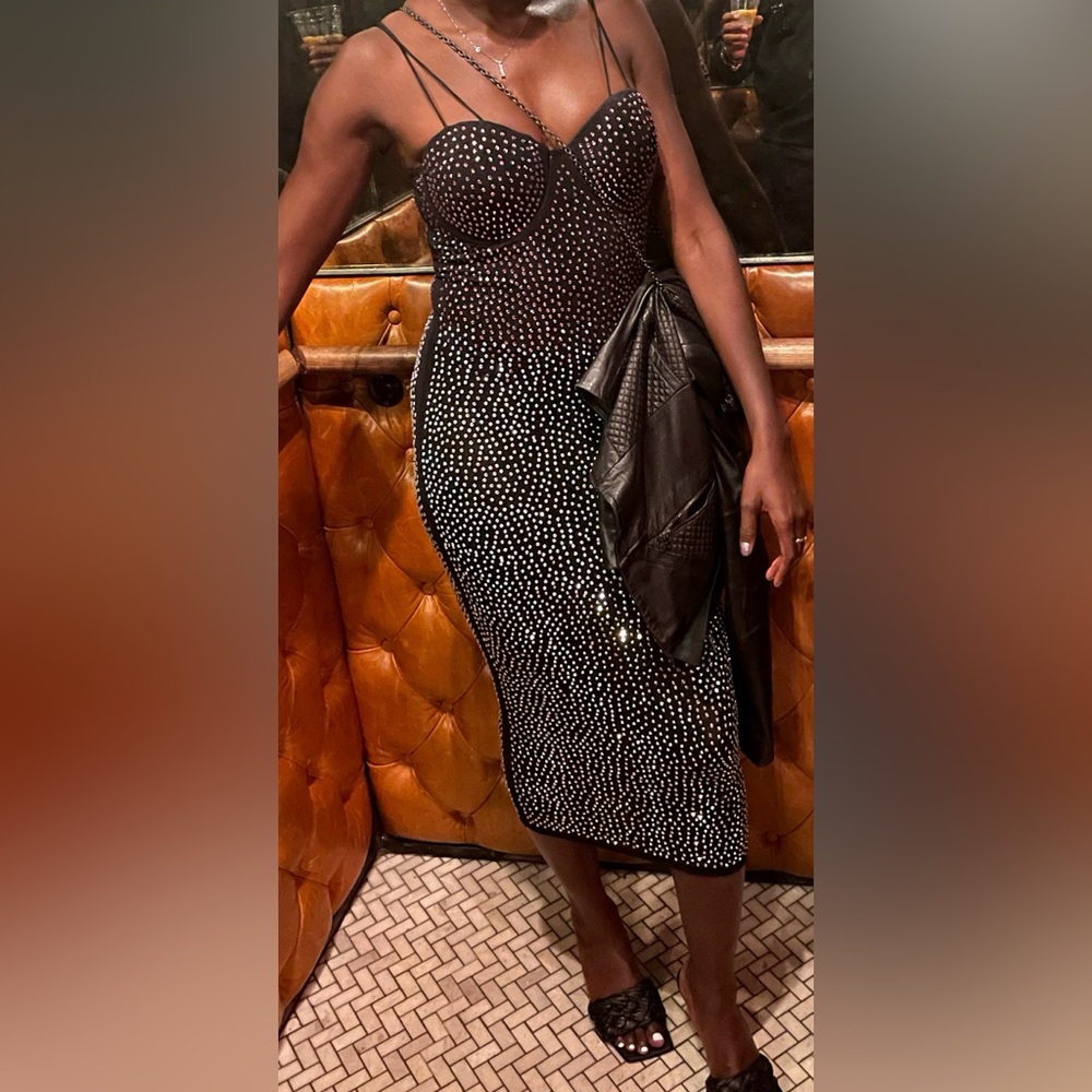 Black Rhinestone Embellished Bodycon Midi Dress